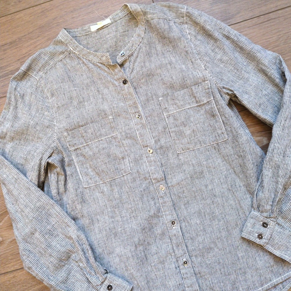 Eileen Fisher Striped Button Up Shirt Black White Hemp Organic Cotton Roll Tab S